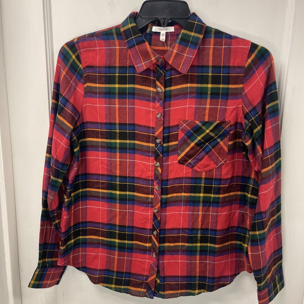 Maurices Red Plaid Button Down Shirt Women's Size Medium Bright Colors